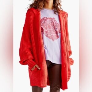 Free People Swim Too Deep Cardigan Red Chunky Knit Oversized Jacket S
